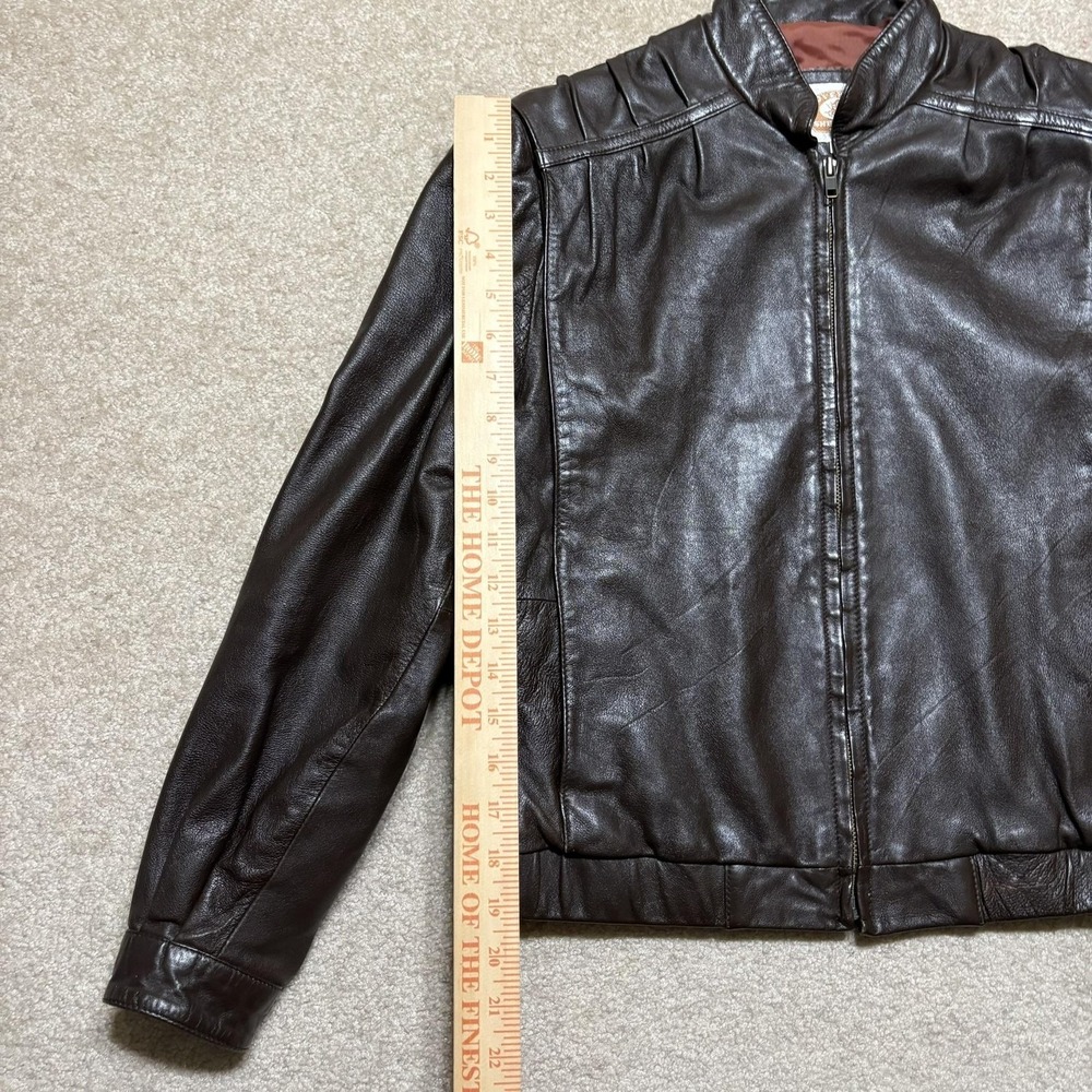 Overland Sheepskin Co Jacket Womens 10 Brown Leather Bomber Full Zip Collared - Picture 7 of 12